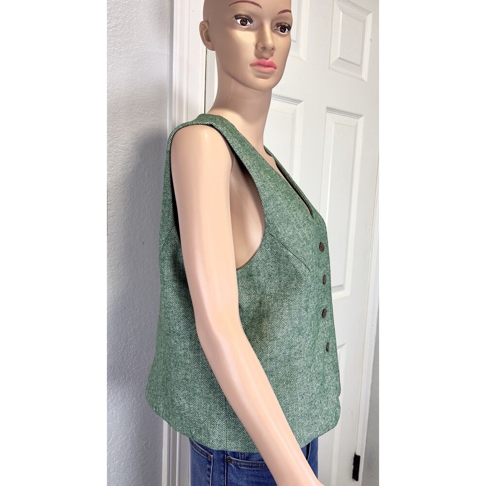 Crew Women’s 16 Green Herringbone Wool Blend Button Front Lined Vest Waistcoat - Picture 3 of 10